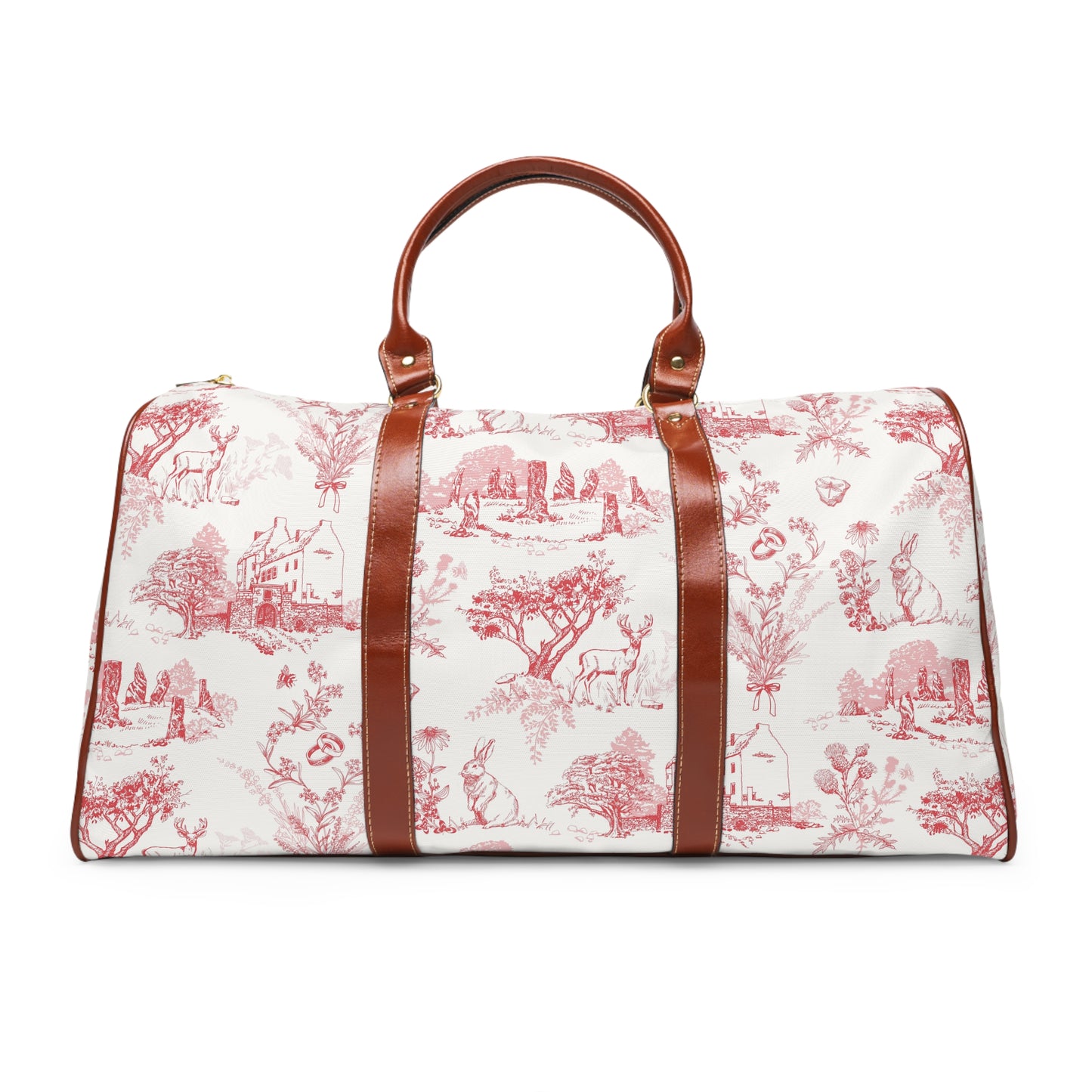 Sassenach Red Toile Weekend Duffel — Waterproof Travel Bag with Vintage Outlander pattern