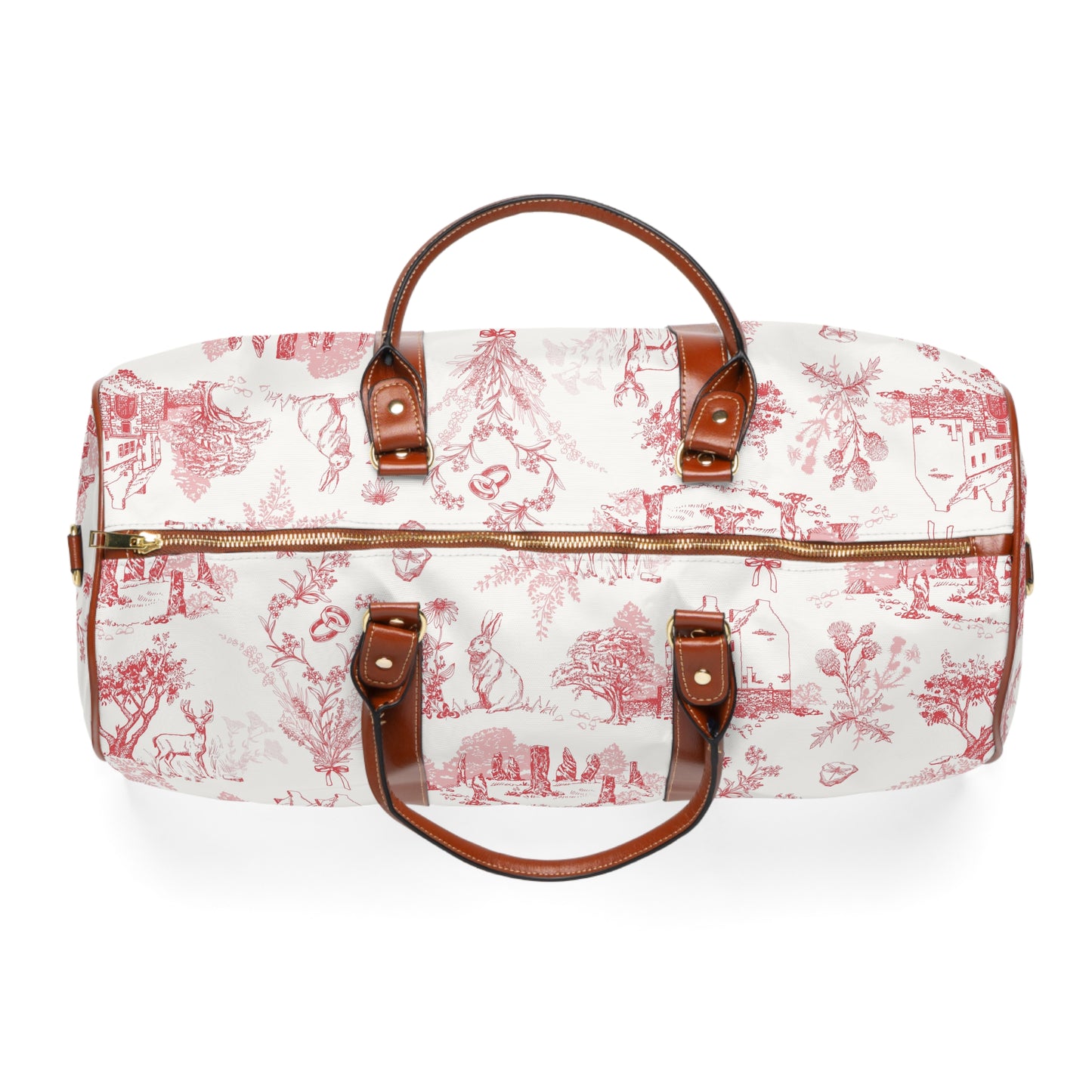 Sassenach Red Toile Weekend Duffel — Waterproof Travel Bag with Vintage Outlander pattern