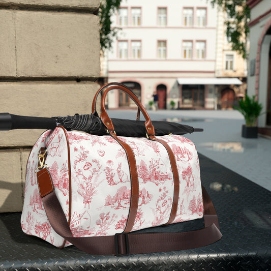 Sassenach Red Toile Weekend Duffel — Waterproof Travel Bag with Vintage Outlander pattern