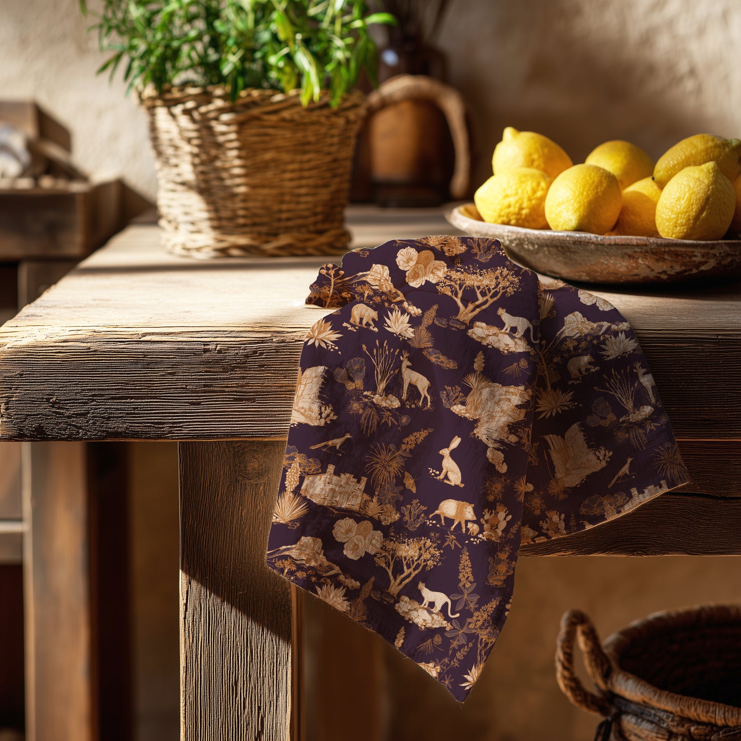 Big Bend Kitchen Towel - espresso pomegranate and gold | Santa Elena Canyon | Casa Grande