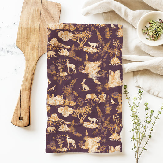 Big Bend Kitchen Towel - espresso pomegranate and gold | Santa Elena Canyon | Casa Grande